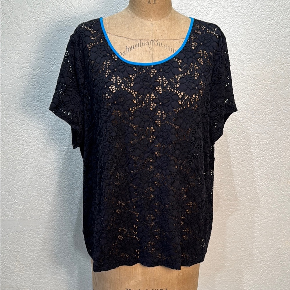 Style & Co Black Lace Short Sleeve Blue Accent Back Zipper‎ Women Top 3X